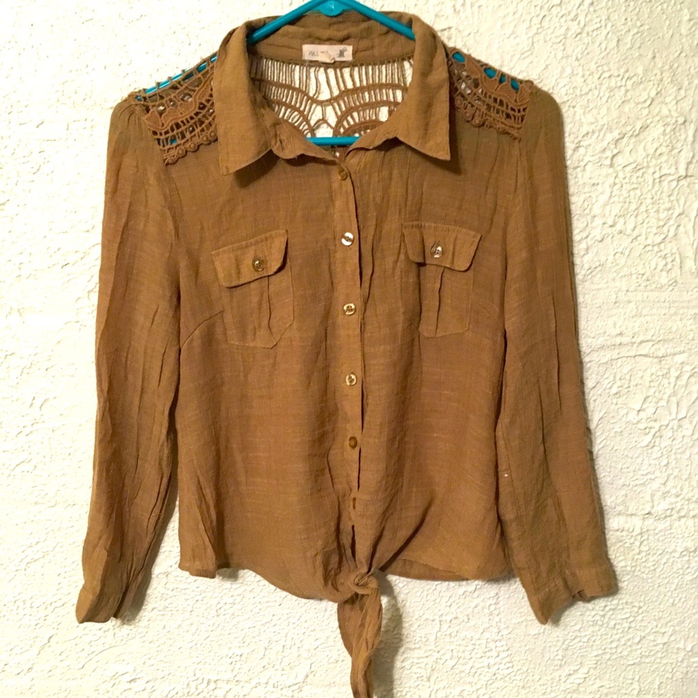 Cute Button Down Brown Top w/ Ties Bottom